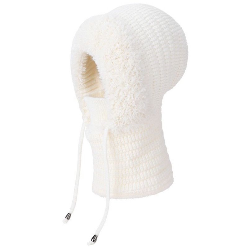 Fleece Ear Protection Integrated Knit Hat, Women's Windproof Balaclava Hat with Face Mask & Neck Warmer—White