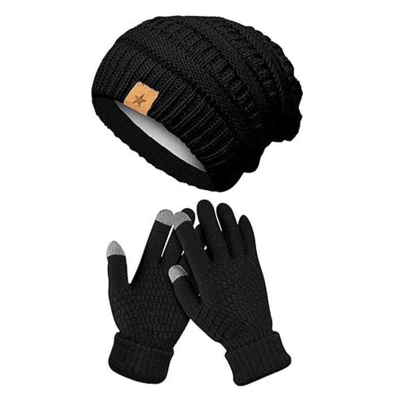 Vintage Cable-Knit Fleece-Lined Beanie & Touchscreen Gloves Set, Women’s Warm Winter Knit Hat 2-Piece Set—Black