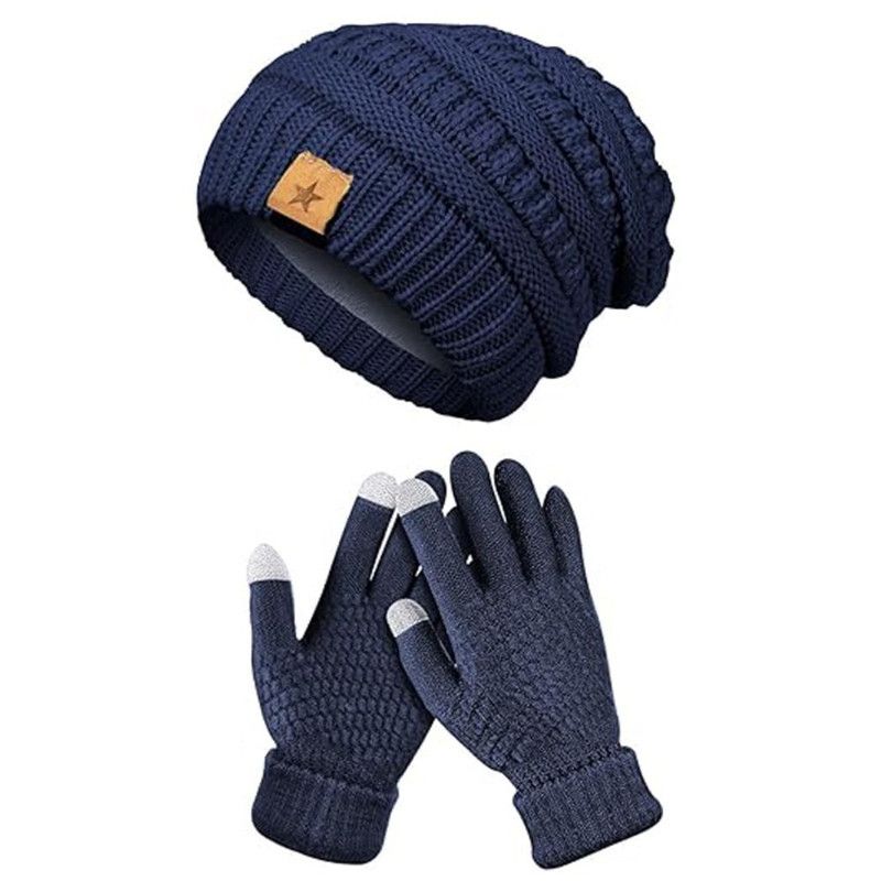 Vintage Cable-Knit Fleece-Lined Beanie & Touchscreen Gloves Set, Women's Warm Winter Knit Hat 2-Piece Set—Navy Blue