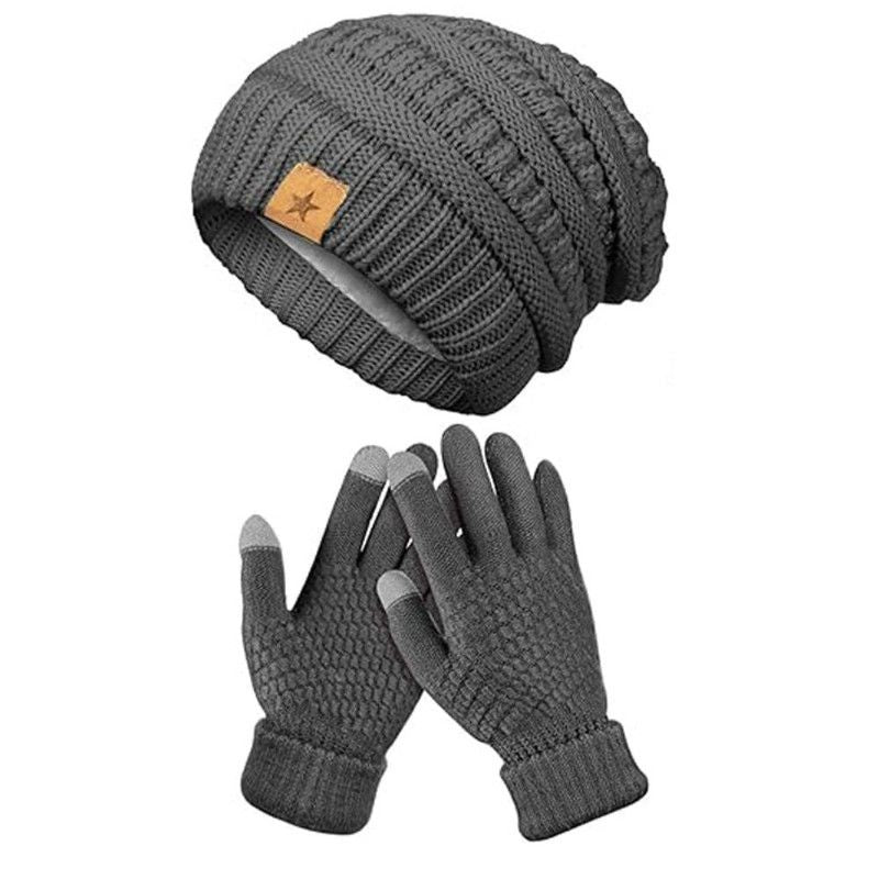 Vintage Cable-Knit Fleece-Lined Beanie & Touchscreen Gloves Set, Women’s Warm Winter Knit Hat 2-Piece Set—Gray