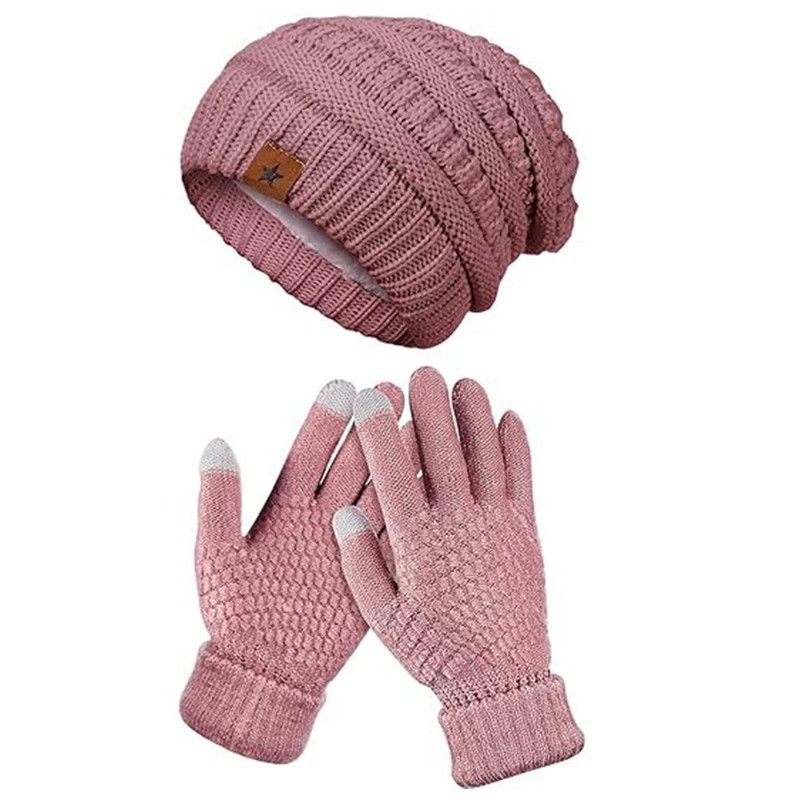 Vintage Cable-Knit Fleece-Lined Beanie & Touchscreen Gloves Set, Women’s Warm Winter Knit Hat 2-Piece Set—Pink