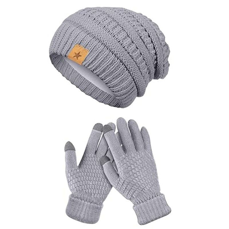 Vintage Cable-Knit Fleece-Lined Beanie & Touchscreen Gloves Set, Women’s Warm Winter Knit Hat 2-Piece Set—Light Gray