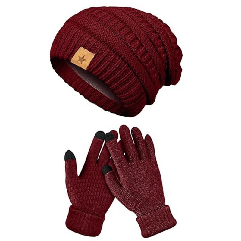Vintage Cable-Knit Fleece-Lined Beanie & Touchscreen Gloves Set, Women’s Warm Winter Knit Hat 2-Piece Set—Red