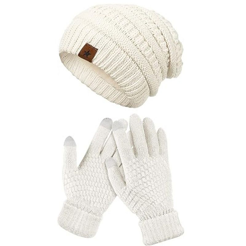 Vintage Cable-Knit Fleece-Lined Beanie & Touchscreen Gloves Set, Women's Warm Winter Knit Hat 2-Piece Set—White