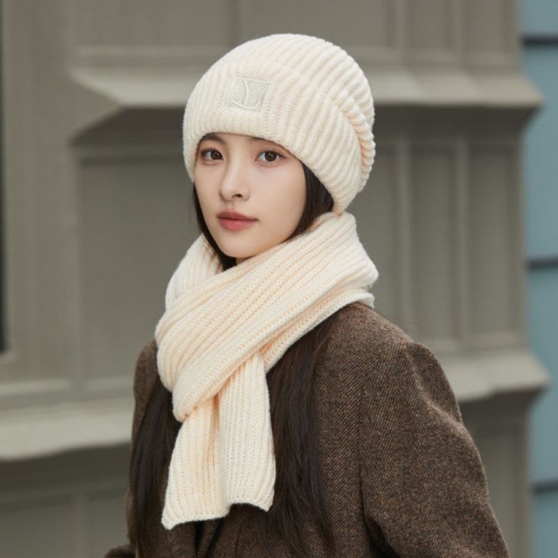 Women's Winter Knit Beanie & Scarf Set, Thick Vertical Stripe Warm Slouchy Hat with Ear Protection and Scarf—Beige