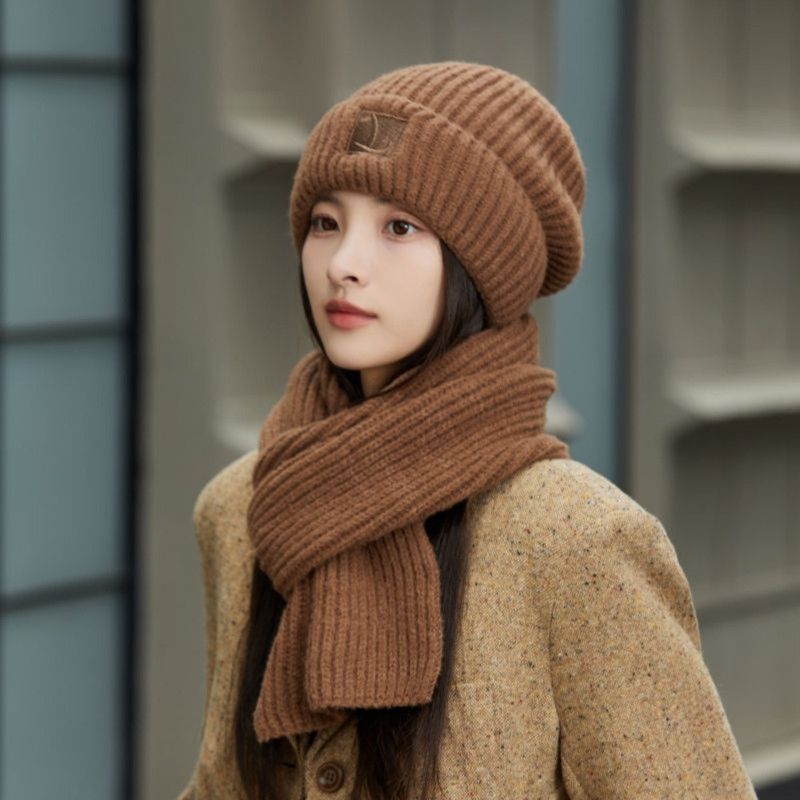 Women's Winter Knit Beanie & Scarf Set, Thick Vertical Stripe Warm Slouchy Hat with Ear Protection and Scarf—Brown
