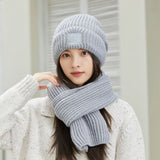 Women's Winter Knit Beanie & Scarf Set, Thick Vertical Stripe Warm Slouchy Hat with Ear Protection and Scarf—Gray