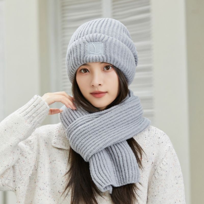 Women's Winter Knit Beanie & Scarf Set, Thick Vertical Stripe Warm Slouchy Hat with Ear Protection and Scarf—Gray
