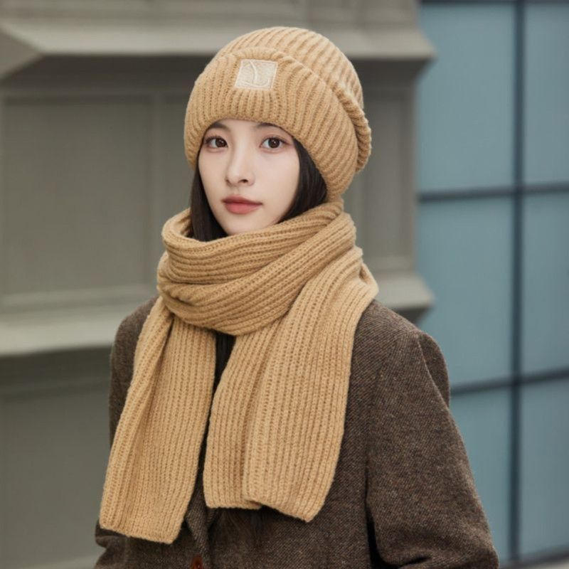 Women's Winter Knit Beanie & Scarf Set, Thick Vertical Stripe Warm Slouchy Hat with Ear Protection and Scarf—Khaki