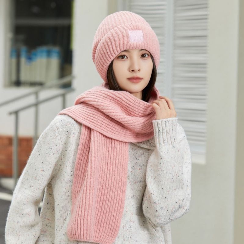 Women's Winter Knit Beanie & Scarf Set, Thick Vertical Stripe Warm Slouchy Hat with Ear Protection and Scarf—Pink