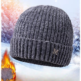 Men's Fleece-Lined Thick-Knit Beanie, Warm Winter Stretch Cold-Proof Skull Cap for Outdoor Cycling—Gray