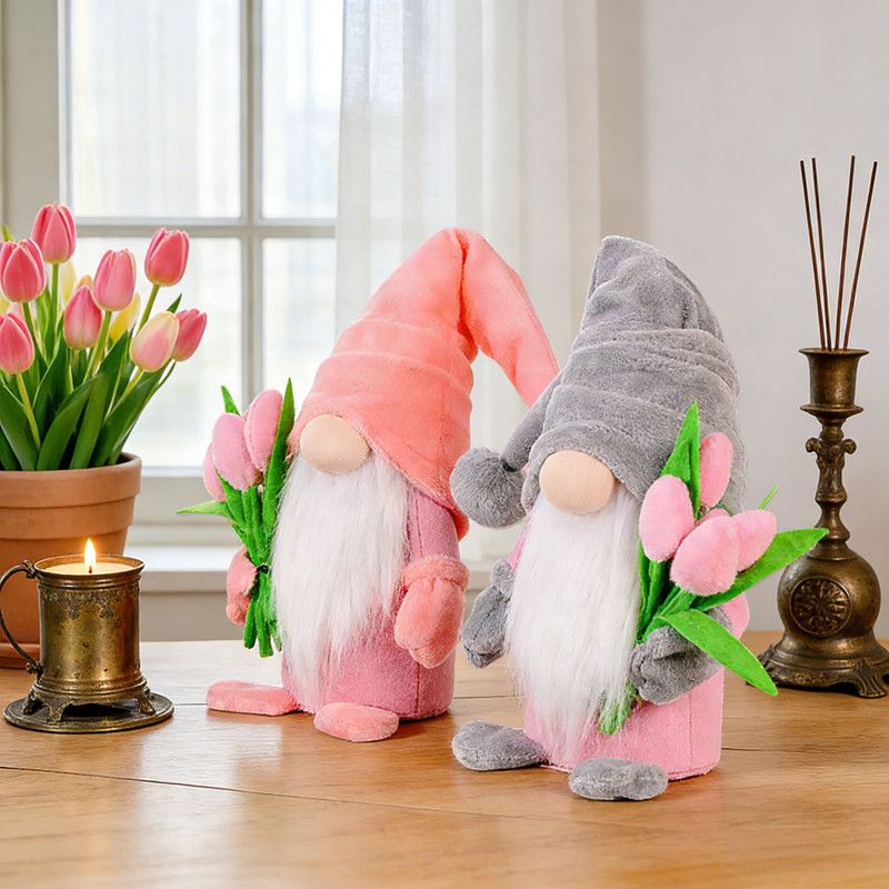 1pc Plush standing gnome doll — faceless old man figurine, festive tabletop ornament and gift.Gray faceless old man gnome holding a bouquet
