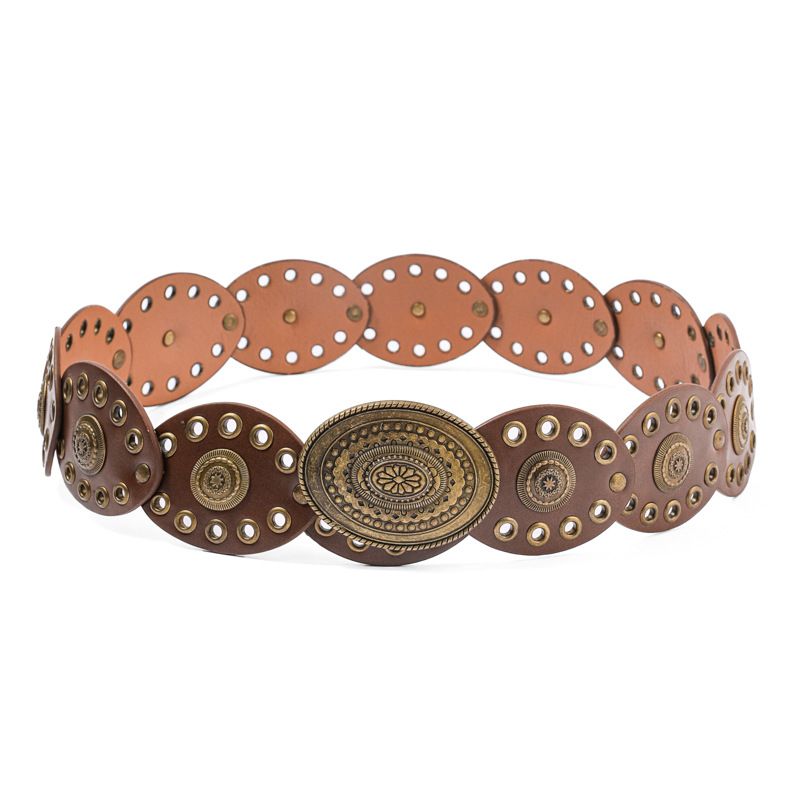 Boho Vintage Wide Waist Belt for Women Retro Ethnic Cutout Rivet Decorated Dress Waist Cincher 125cm Adjustable