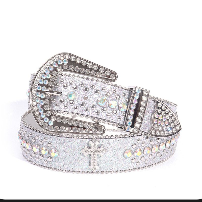 Y2K Bling Rhinestone Belt for Women Glitter Cross Studded Waist Strap Croc Texture Adjustable 105cm Dress Belt-White
