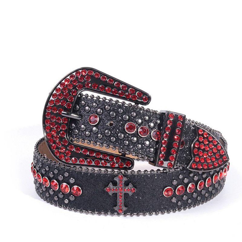 Y2K Bling Rhinestone Belt for Women Glitter Cross Studded Waist Strap Croc Texture Adjustable 125cm Dress Belt-Black-Red