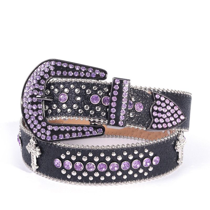 Y2K Bling Rhinestone Belt for Women Glitter Cross Studded Waist Strap Croc Texture Adjustable 135cm Dress Belt-Black-Purple