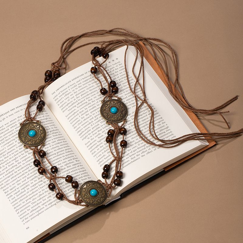 Vintage Turquoise Metal Disc Wooden Bead Macrame Waist Belt Adjustable Drawstring Boho Sash for Women Dresses