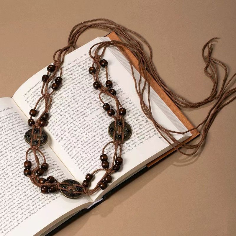 Ethnic Coin Wooden Bead Knotted Waist Belt Adjustable Drawstring Thin Boho Sash for Casual Dresses