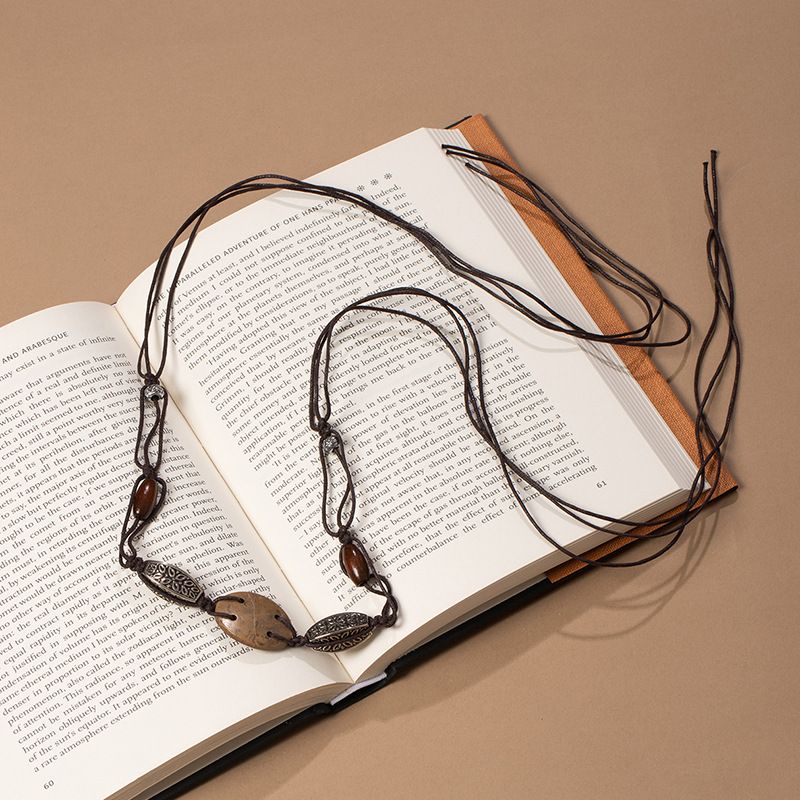 Vintage Carved Metal Wooden Slice Macrame Waist Belt Adjustable Drawstring Thin Ethnic Dress Sash