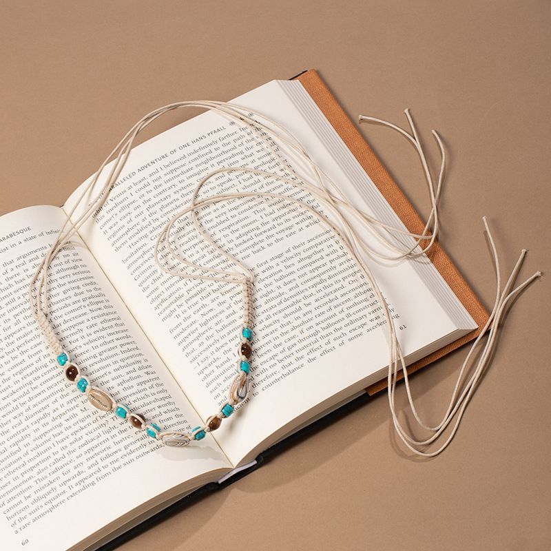 Coastal Cowrie Shell Turquoise Bead Macrame Waist Belt Adjustable Fringe Drawstring Boho Beach Sash