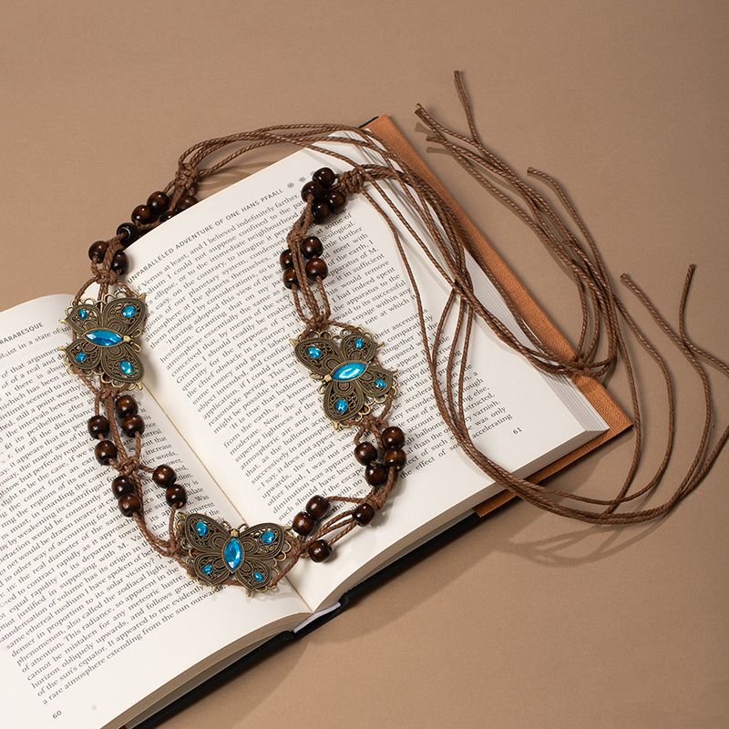 Vintage Butterfly Turquoise Metal Wooden Bead Wide Macrame Waist Belt Adjustable Fringe Drawstring Ethnic Cincher