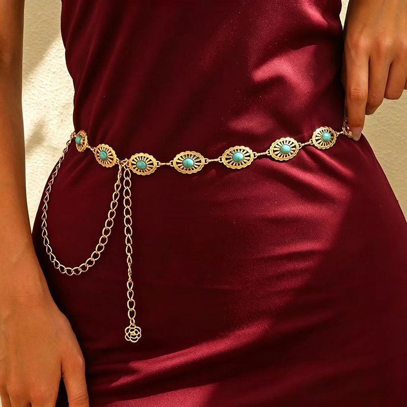 Vintage Turquoise Gold Metal Waist Chain Hollow Floral Linked Belt Adjustable Dangle Chain Sash for Dresses