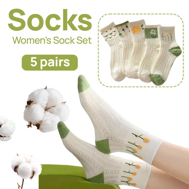 Socks - 5 Pairs of Women's Socks - Women's Instagram-Style - Casual Home Socks - Soft - Breathable - Versatile Spring/Summer Styles - Openwork - Fashionable Instagram Style - All-Season Styles - One-Size-Fits-All Women's Socks - 3D Embossed - Floral Patte