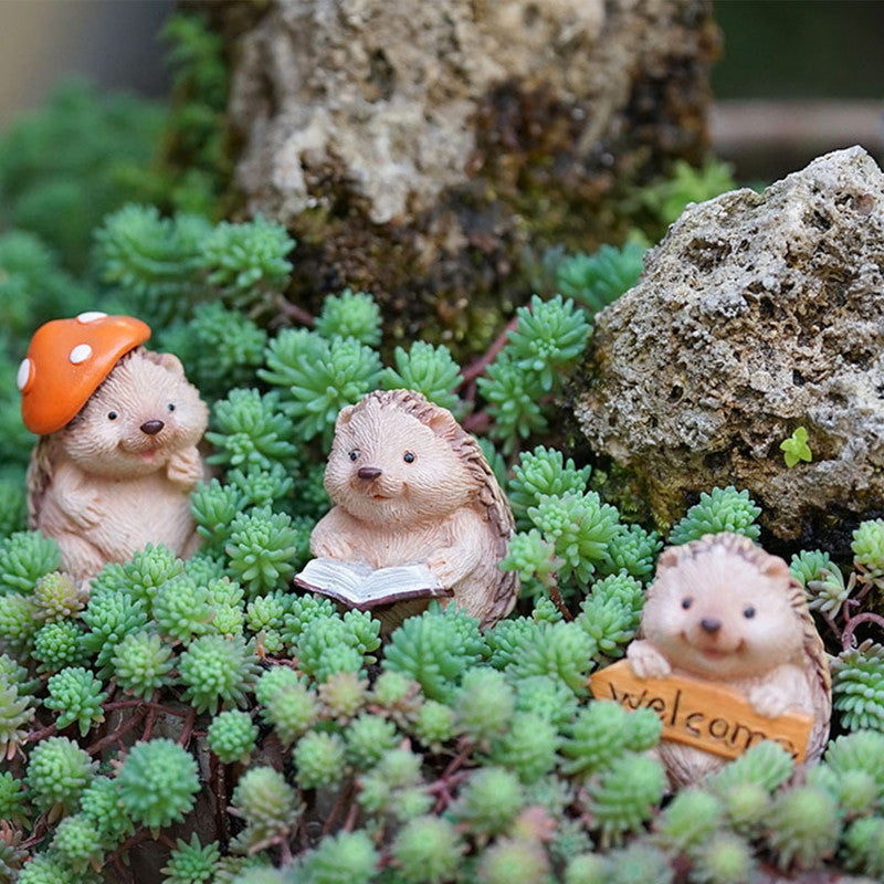 Set of Three Hedgehog Resin Ornaments – Desktop Decor and Flower Pot Decor