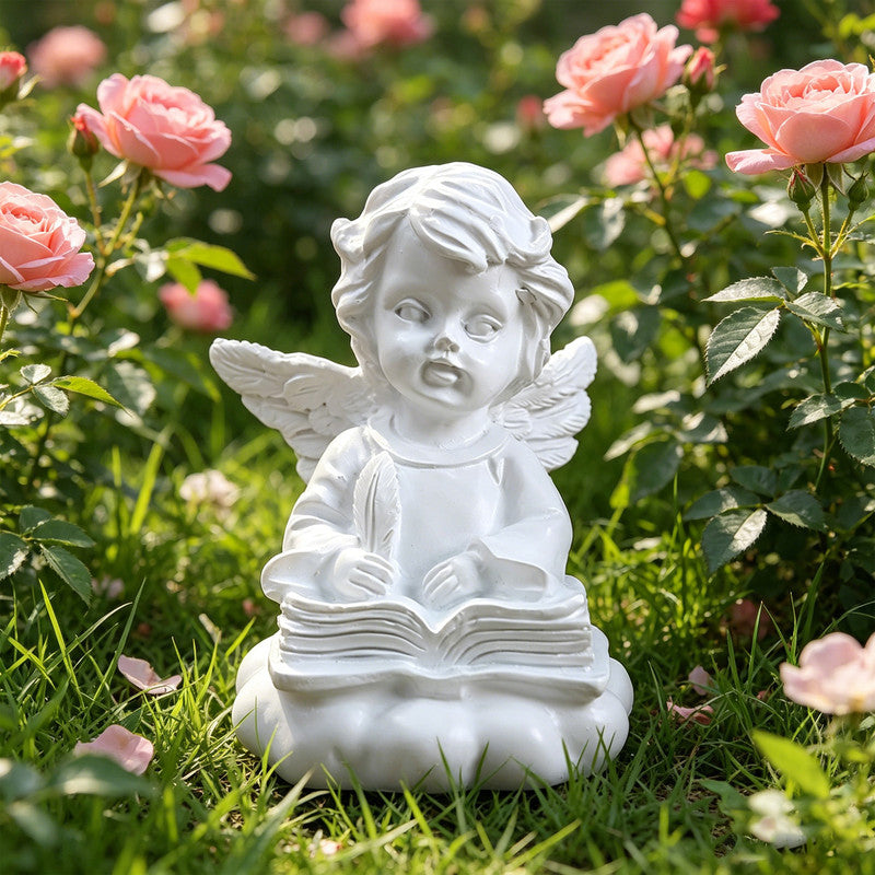 Reading Angel Figurine, Resin Book Lover Decor Sculpture