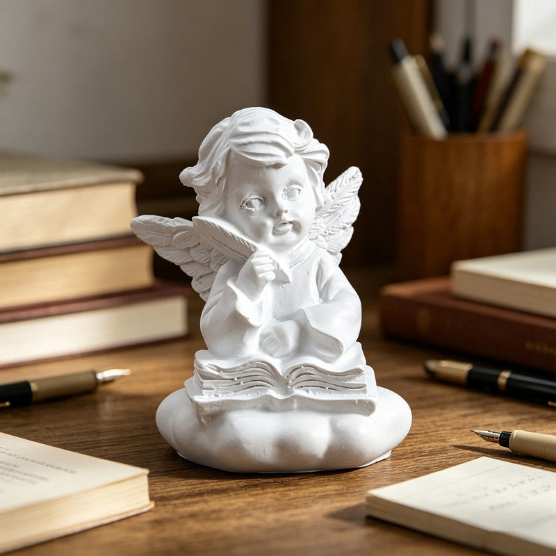 Reading Angel with Chin Rest, Resin Mini Figurine Desk Decor