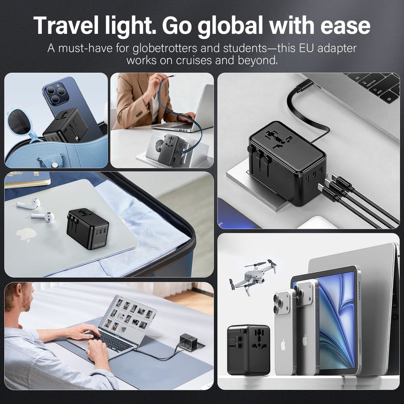 100W Universal Travel Adapter, GaN International Power Adapter with Retractable USB-C Cable, 3 USB-C + 1 USB-A Ports, All-in-One Worldwide Plug Converter for US EU UK AU, Travel Essentials for Laptop, Phone, Tablet