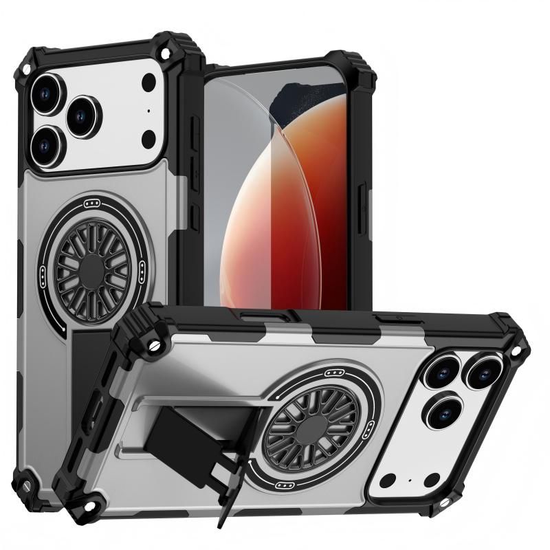 Armor Heavy Duty Magnetic Rotating Ring Kickstand Phone Case For iPhone 14 Pro Max, Anti-Drop Protective Cover In Silver