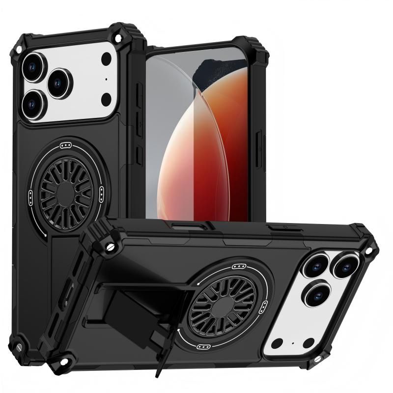 Armor Heavy Duty Magnetic Rotating Ring Kickstand Phone Case For iPhone 17, Anti-Drop Protective Cover In Black