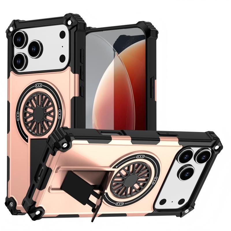 Armor Heavy Duty Magnetic Rotating Ring Kickstand Phone Case For iPhone 14 Pro Max, Anti-Drop Protective Cover In RoseGold