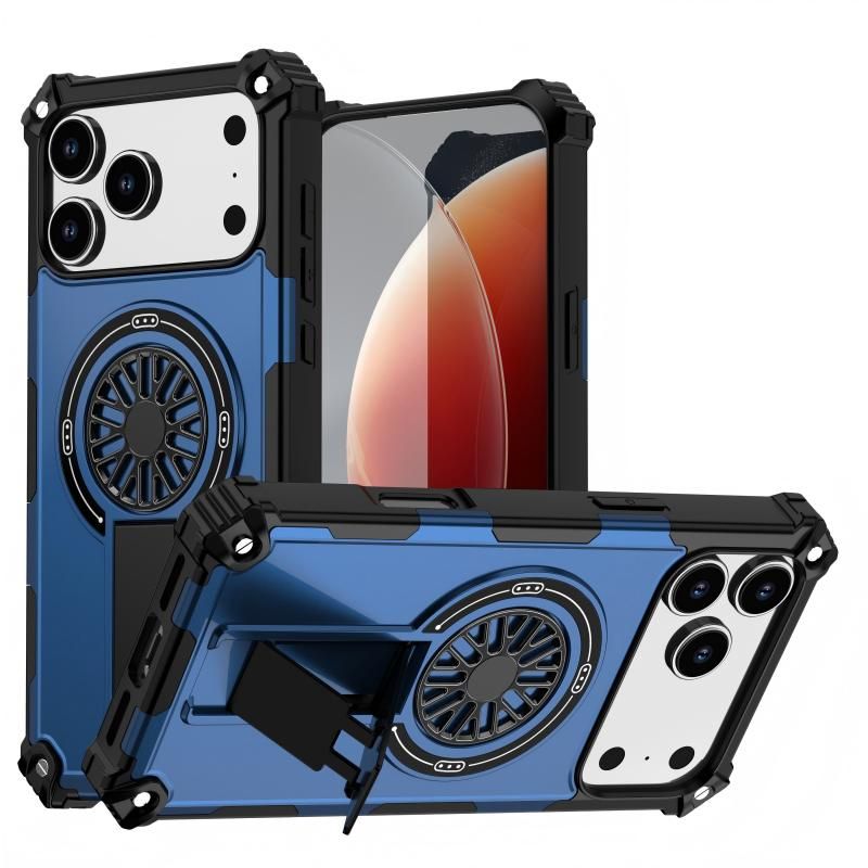 Armor Heavy Duty Magnetic Rotating Ring Kickstand Phone Case For iPhone 16 Pro Max, Anti-Drop Protective Cover In Blue