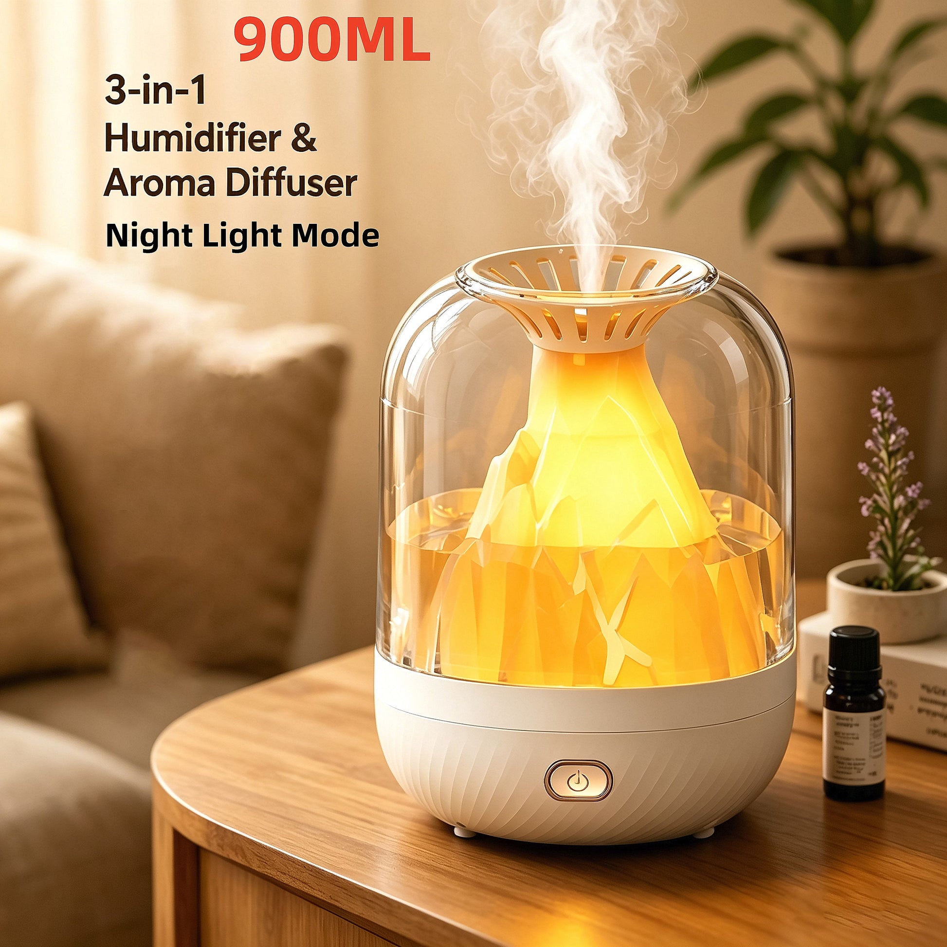 【900ML 3-in-1 Humidifier】 & Essential Oil Diffuser with Night Light, USB Powered Quiet Cool Mist Humidifier for Bedroom Office Home, Volcano Flame Effect Aromatherapy Humidifier, 36dB Low Noise, Large Capacity