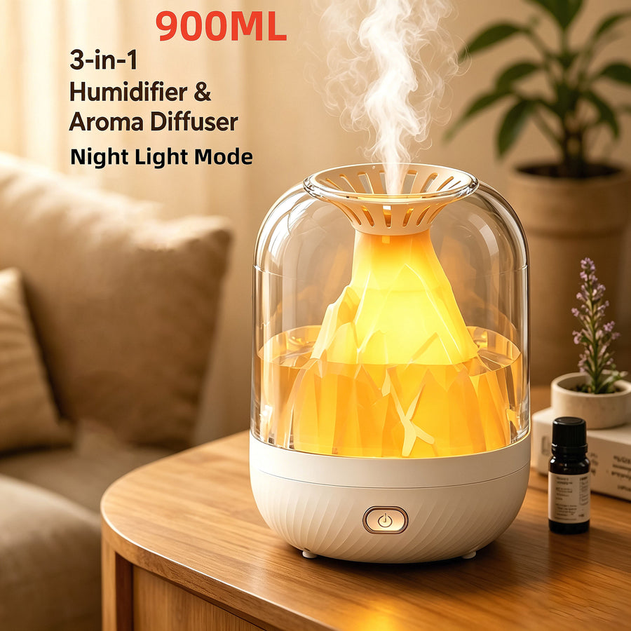 【900ML 3-in-1 Humidifier】 & Essential Oil Diffuser with Night Light, USB Powered Quiet Cool Mist Humidifier for Bedroom Office Home, Volcano Flame Effect Aromatherapy Humidifier, 36dB Low Noise, Large Capacity