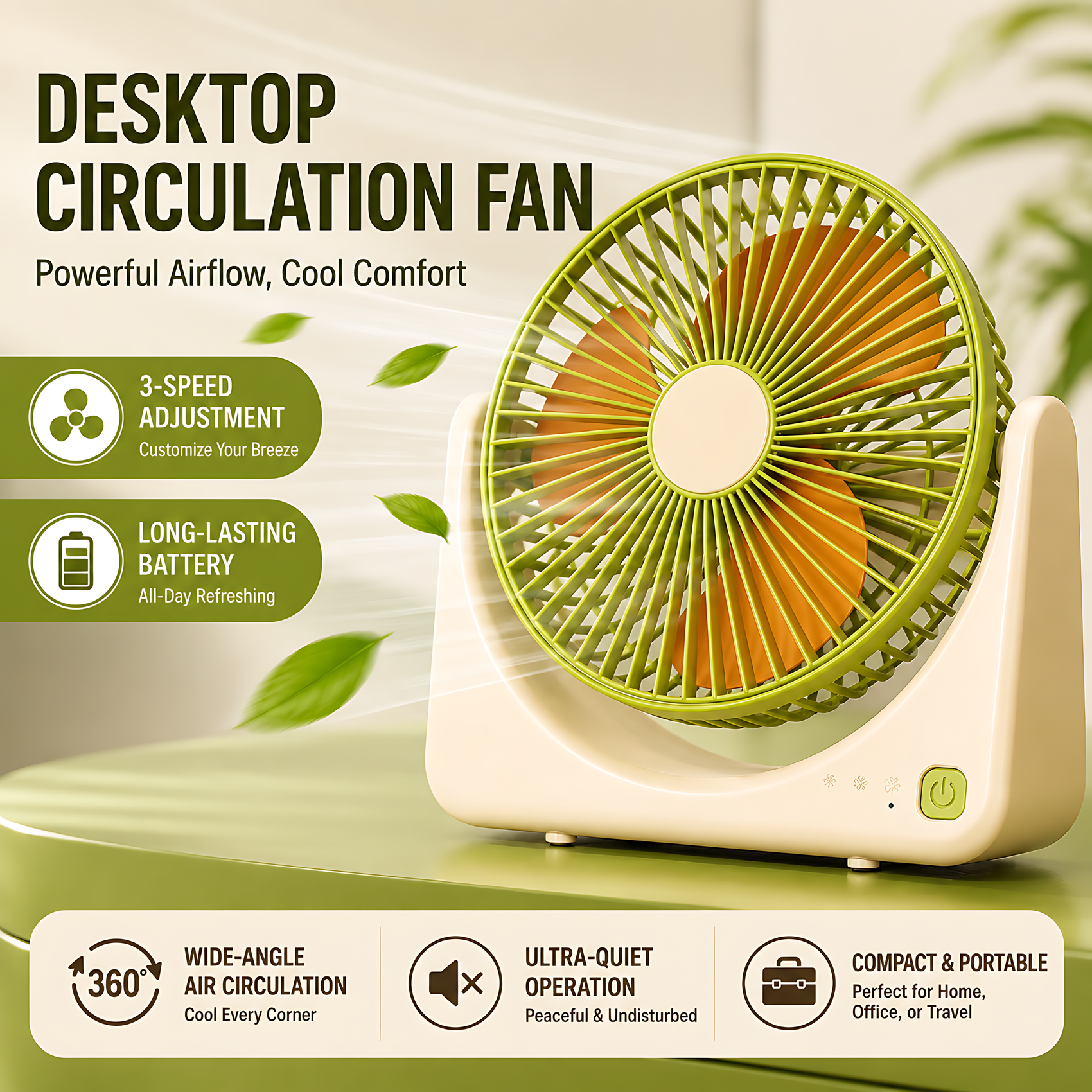 【Portable USB Mini Desk Fan, 3 Speed Adjustable, Ultra Quiet 36dB(A), 500mAh Rechargeable Battery, 1-3H Long Endurance, Lightweight 0.34kg Personal Cooling Fan for Home Office Travel Camping】