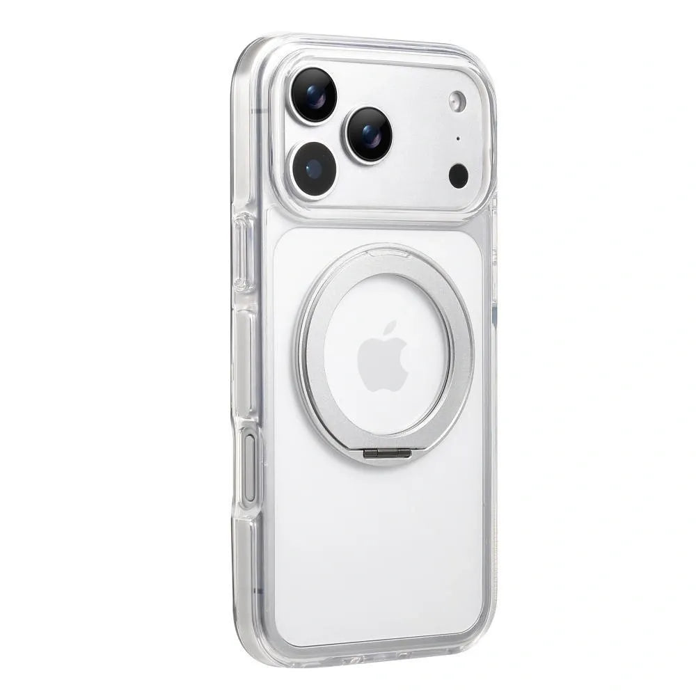 Clear MagSafe iPhone 17 Pro Max Case with 360° Rotating Ring Stand - Silver Edition