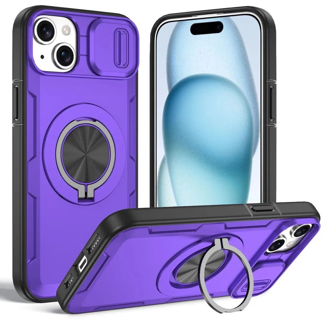Red Warrior 2-in-1 Magnetic Sliding Lens Case Purple for iPhone 15 Plus