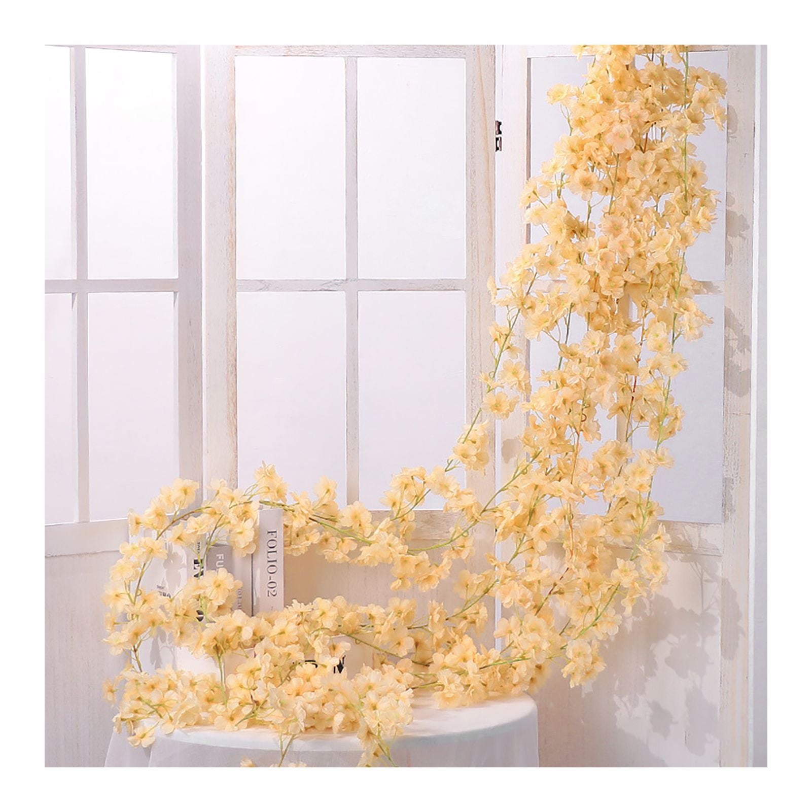 Artificial Flower Rattan Single 1.8m 135pcs Flowers Head Vivid Decorative Silk Plastic Hanging Fake Rattan for Decoration Champagne