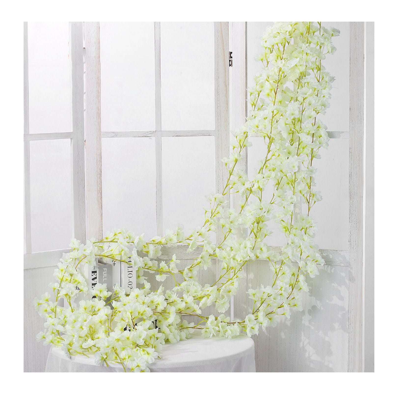 Artificial Flower Rattan Single 1.8m 135pcs Flowers Head Vivid Decorative Silk Plastic Hanging Fake Rattan for Decoration White
