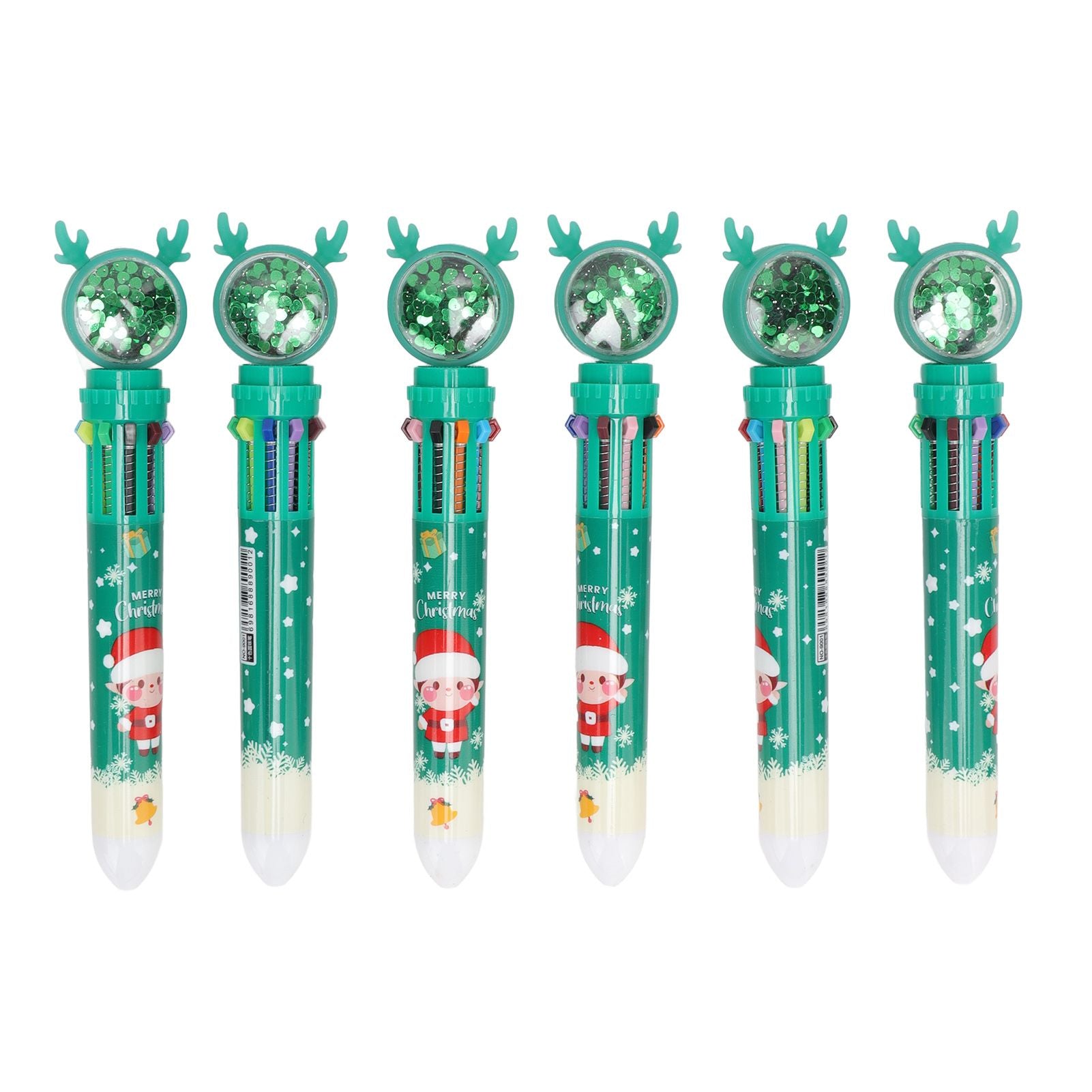 6Pcs Christmas Theme Ballpoint Pens 10 Color Cute Sequin Retractable Gift School Office Stationery Green Boy Pattern
