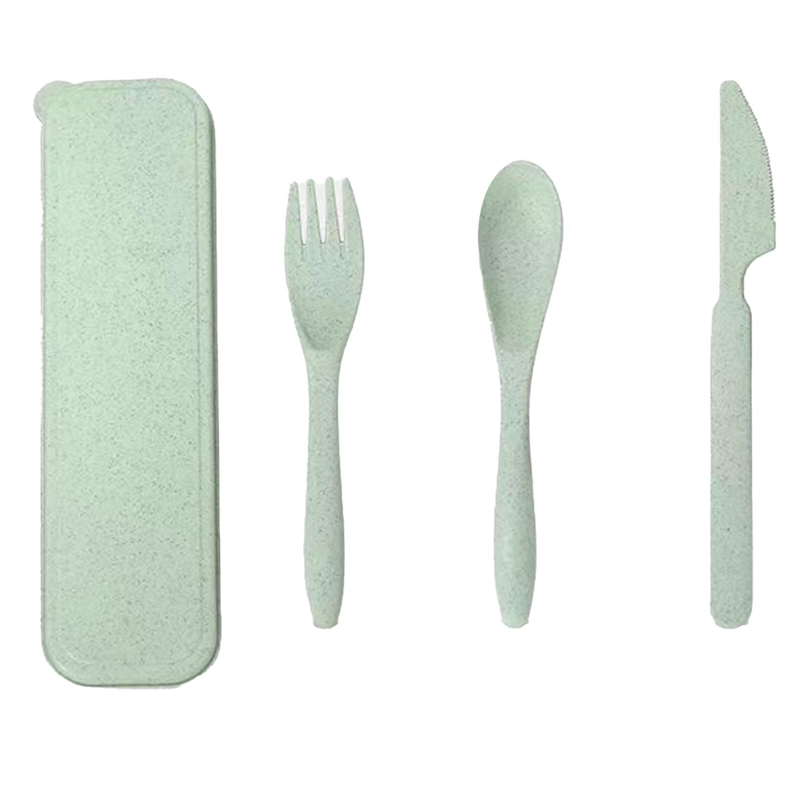 Wheat Straw Cutlery Set Modern Portable Fork Spoon Knife Tableware with Box for Office School Picnic Green