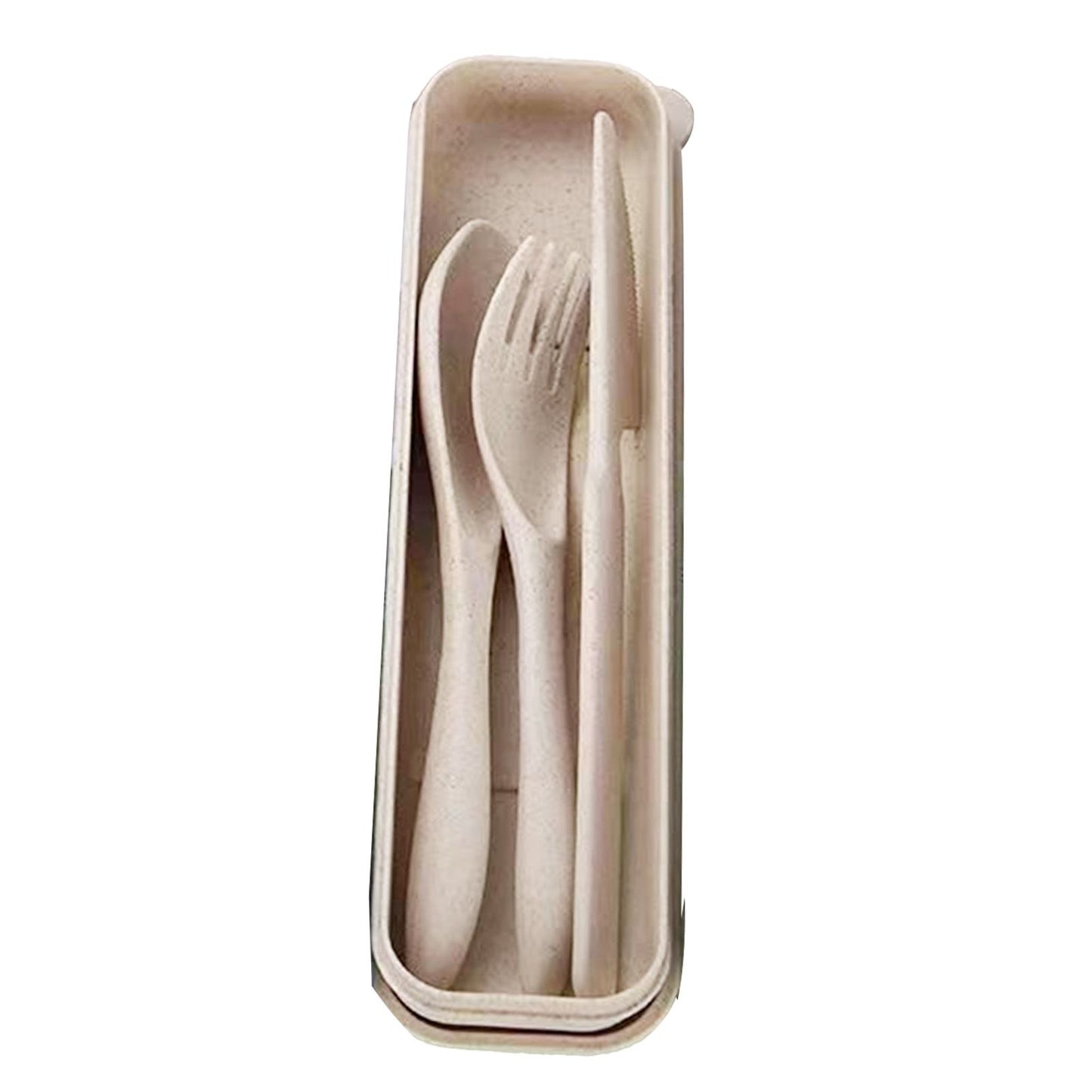 Wheat Straw Cutlery Set Modern Portable Fork Spoon Knife Tableware with Box for Office School Picnic Beige