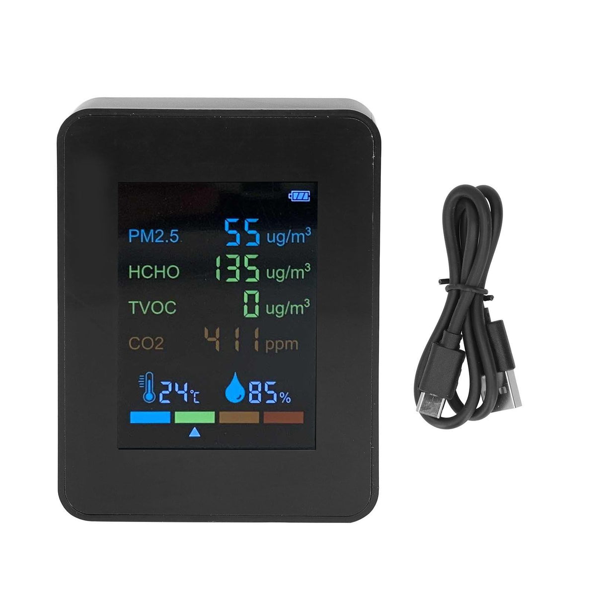 Multifunctional 6 in 1 CO2 Meter Air Quality Monitor Temperature PM2.5 TVOC HCHO Detector USB Charging Black