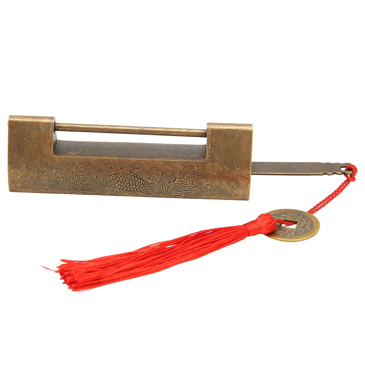 Brass Antique Padlock Spacing 5.9cm Exquisite Rustproof Chinese Old Style Fish Horizontal Padlock for Jewelry Boxes Bronze