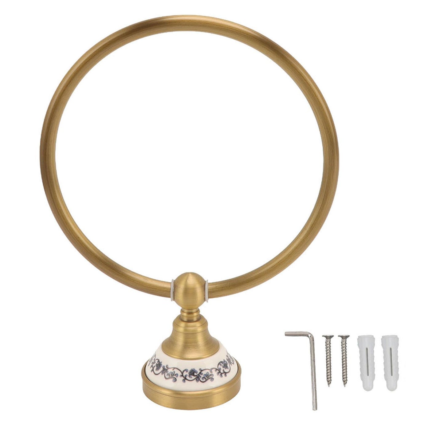 Towel Ring Antique Brass Finish Wall Mounted Bathroom Hand Towel Holder with Blue and White Porcelain Decal