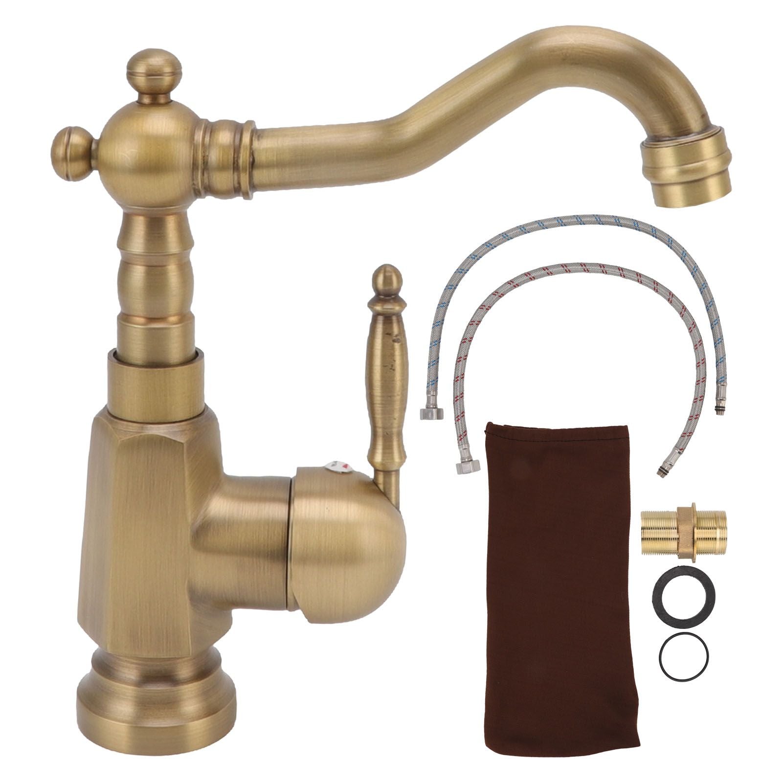 Bathroom Sink Faucet Antique Brass Vanity Mixer Faucet Tap Heightening Single Handle Wash Basin Tap with Hoses for Home