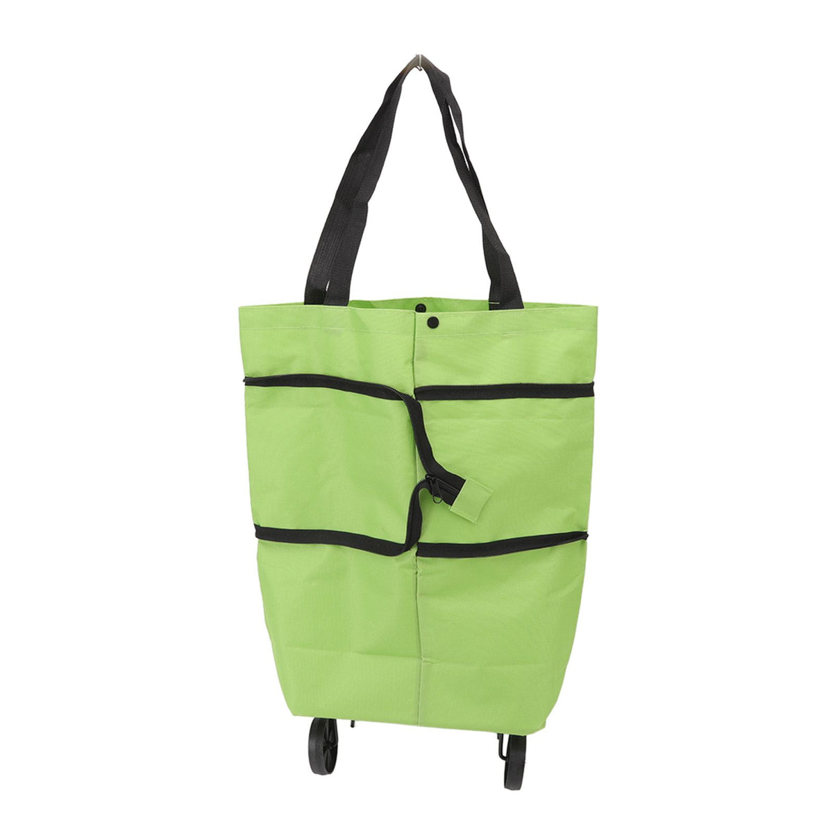 Shopping Cart Foldable Bag Large Capacity Zipper Design Oxford Cloth with Wheel for Camping Green